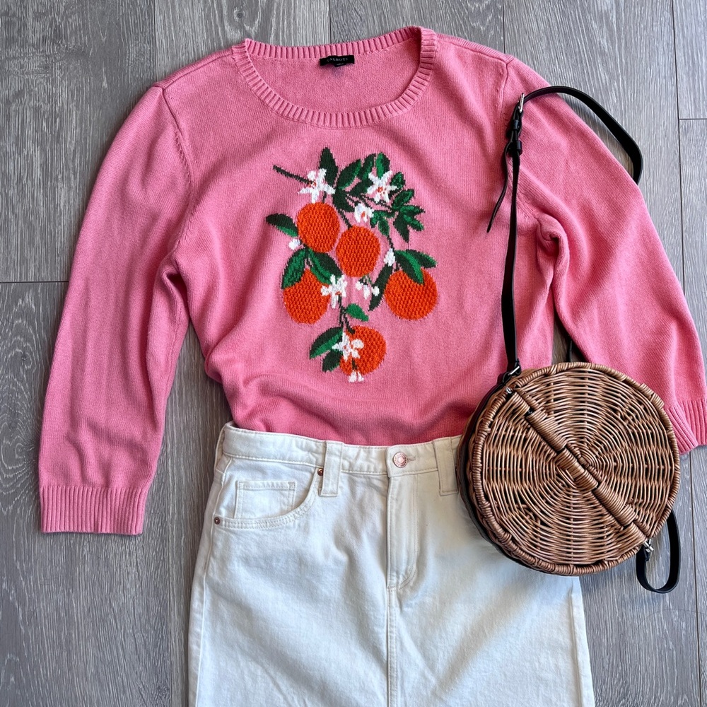 Talbots Citrus Orange Blossom Sweater Top Pink Cotton Blend 3/4 Sleeve M